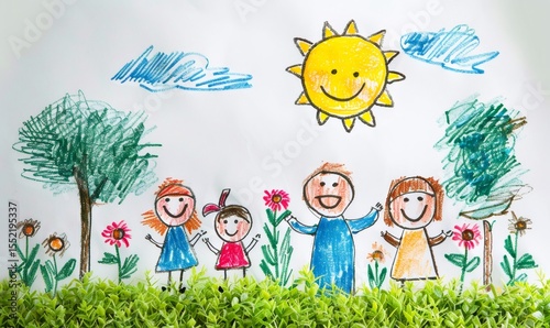Crayon drawing of a happy family with two parents and two children standing in a field of flowers under a smiling sun