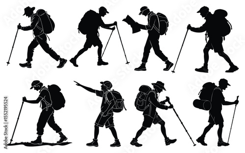Collection of eight diverse hikers with backpacks and trekking poles silhouette