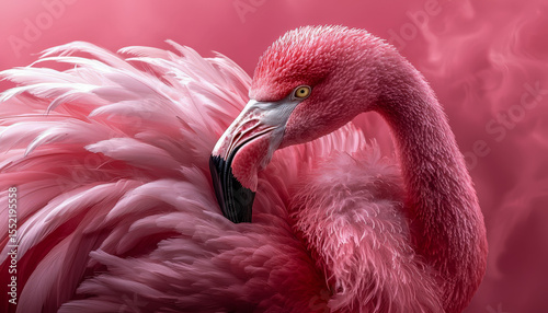 Close-up of a pink flamingo with detailed feathers and a curved beak on a pink background