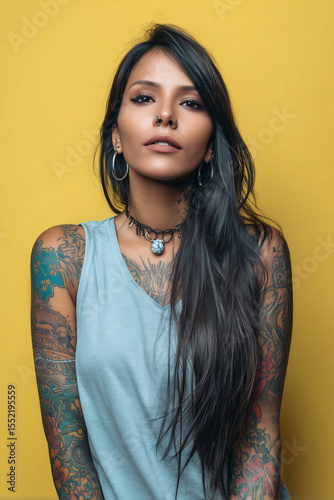 Confident young Latina woman with long dark hair and vibrant tattoos against a bright yellow background showcasing modern self-expression and individuality