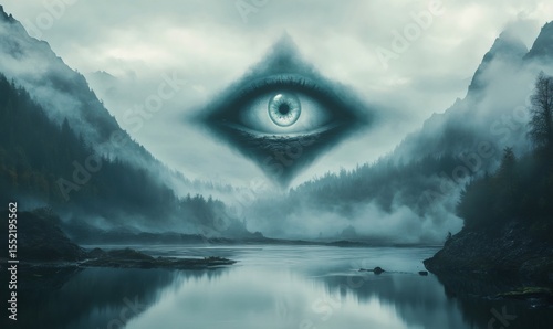 Surreal landscape featuring a large, watchful eye hovering above a serene mountain lake and forest shrouded in mist, creating a mysterious and otherworldly atmosphere