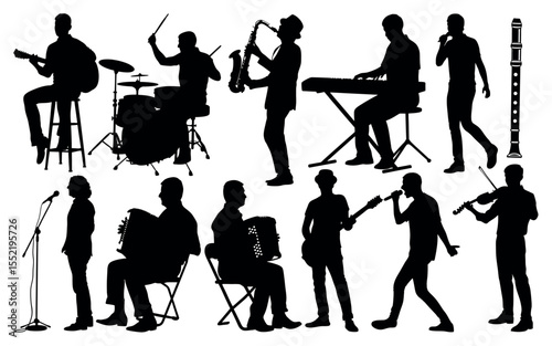 Diverse musicians playing various instruments in a performance silhouette
