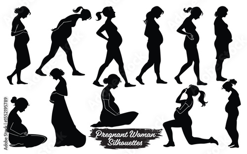 Collection of diverse pregnant woman silhouettes in various poses and styles