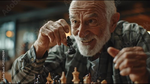 Senior man concentrating on his next move while playing chess with a friend in the park
