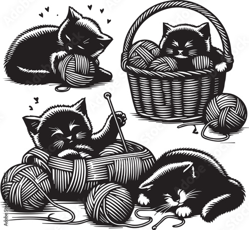Three adorable kittens play with yarn in charming woven baskets, creating a heartwarming and playful feline scene.