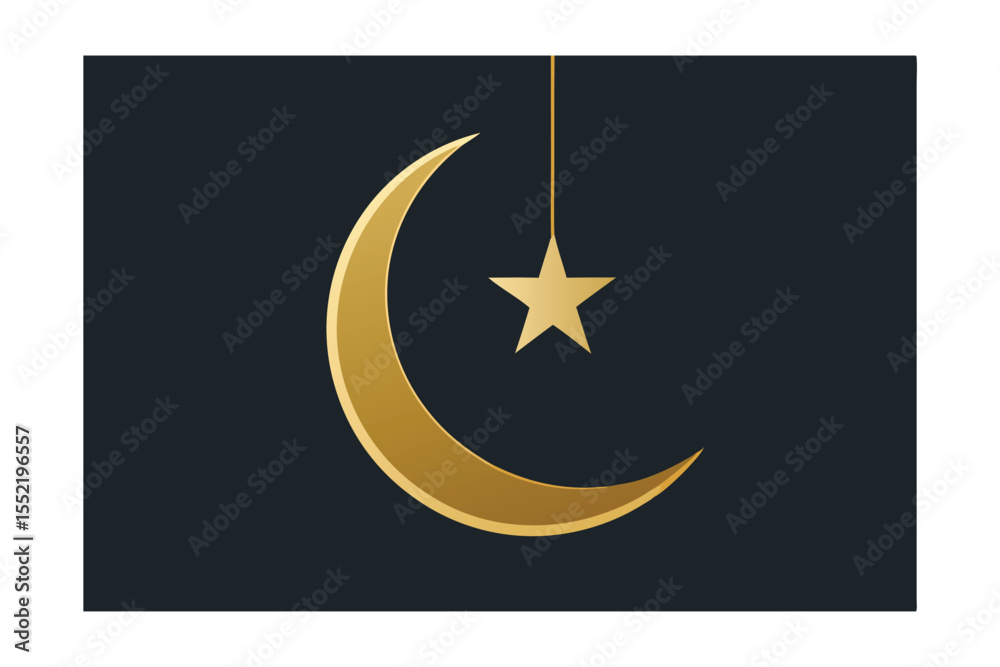 Crescent and Star Hanging from Gold Line Ramadan Design