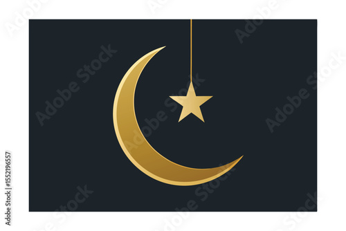 Crescent and Star Hanging from Gold Line Ramadan Design
