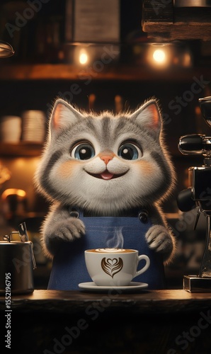Charming cat barista wearing a blue apron proudly presents a steaming cup of latte art coffee in a warm and inviting cafe setting