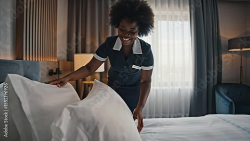 positive african american woman maid folding pillows in hotel room