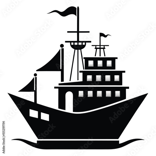 Stylized Black Illustration of MultiDecked Ship with Flags and Windows Floating on Water