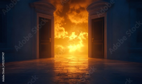 Open doors revealing a bright golden sky with clouds at sunset, creating a mystical and hopeful atmosphere