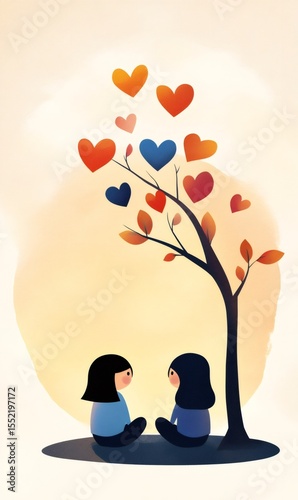 Two girls are sitting under a heart-shaped tree at sunset, symbolizing love, friendship, and togetherness