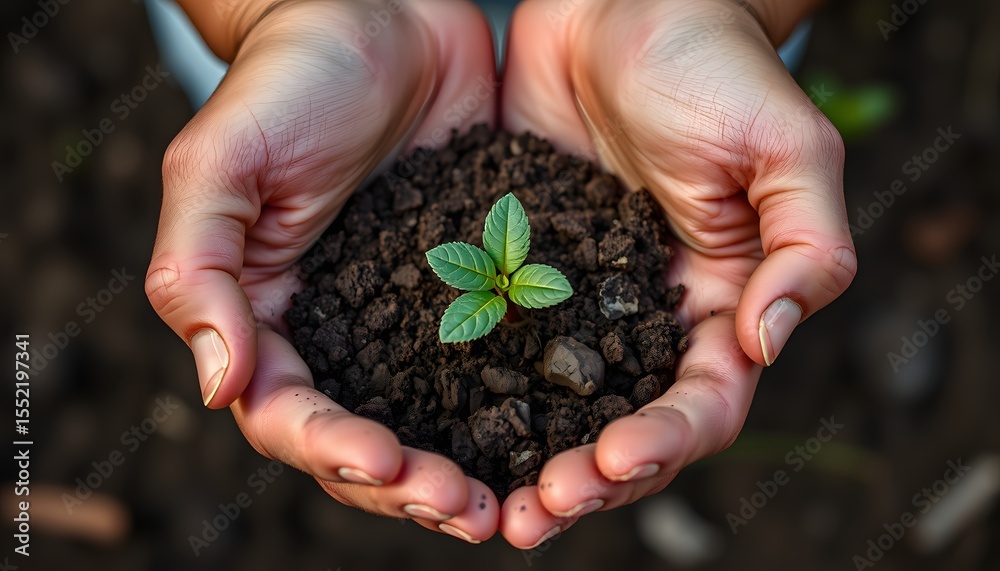 Tender hands holding soil and a small sprout symbolizing growth and new beginnings Tender hands holding soil and a small sprout symbolizing growth and new beginnings