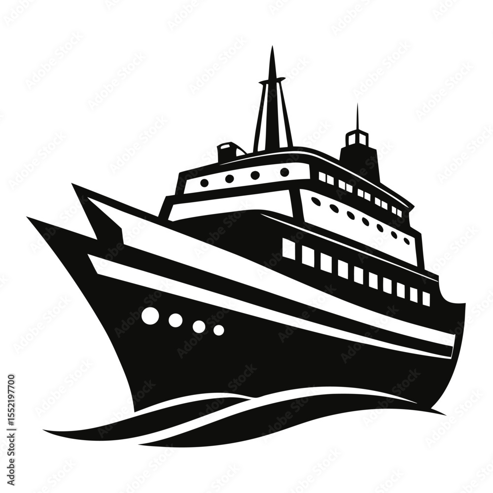 Obraz premium Bold Cruise Ship Icon Sailing on Waves, Maritime Adventure, Black and White