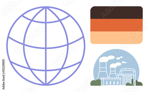 Globe symbolizing global reach, flag indicating cultural context, and factory emitting smoke for industry. Ideal for topics thumbs up globalization, industrialization, energy, environmental impact