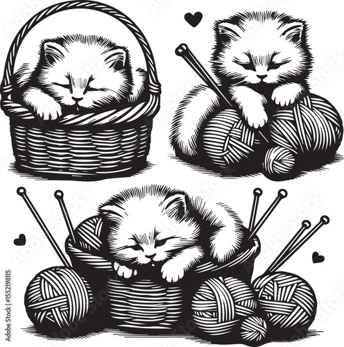 Three adorable kittens play with yarn in charming woven baskets, creating a heartwarming and playful feline scene.