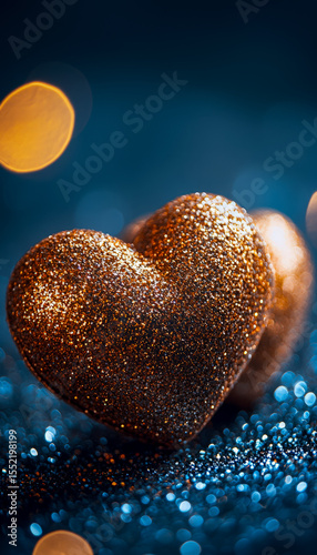 Sparkling gold heart with glittering surface on a bokeh background