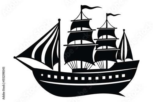 Silhouette of Sailing Ship with Two Masts and Full Sails, Simple Illustration