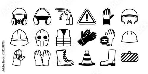 Vector Symbols for Construction, Industrial Safety, and Hazard Prevention, Including Warning Signs and Vests.