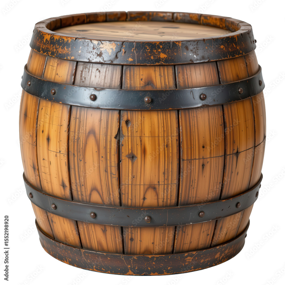 Obraz premium Rustic wooden barrel with metal bands, antique design for home decor, kitchen accessory, or storage use