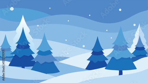 Winter landscape illustration featuring evergreen trees snowfall and blue hues