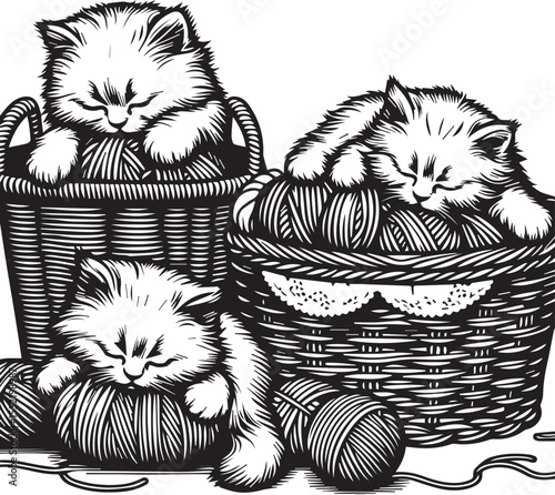 Three adorable kittens play with yarn in charming woven baskets, creating a heartwarming and playful feline scene.