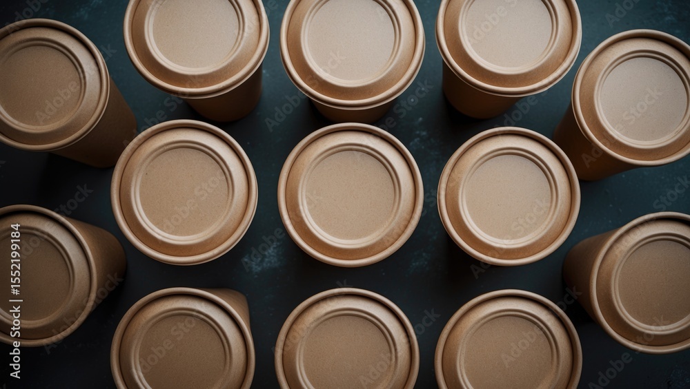 Brown cups for food containers, take away, cake containers. Top view. Isolated with empty space for text.