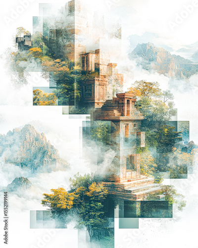 Surreal digital collage of ancient temple ruins amid lush mountain landscape with clouds and fog