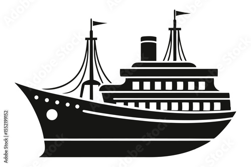 Detailed Silhouette of a Classic Ocean Liner with Masts and Smokestack Design