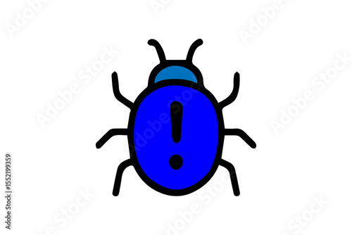The image depicts a stylized bug icon with six legs and two antennae. The body of the bug is blue and prominently features a black exclamation mark, symbolizing a software error, vulnerability