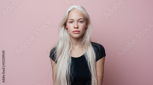 Young woman with long blonde hair and no makeup poses against a light pink background, showcasing natural beauty and a calm demeanor