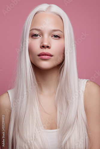 Young woman with long white hair and fair skin poses against a soft pink background, showcasing natural beauty and serene expression in a minimalist portrait