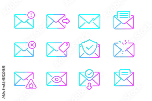 Neon email icons: diverse symbols for digital messaging interface