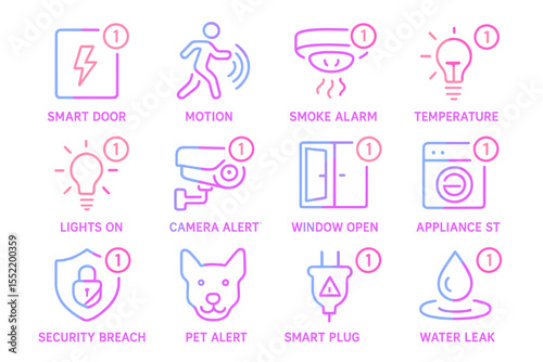 Neon security system icons for smart home alerts and monitoring