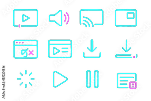 Glowing neon media icons: play, pause, volume, download, cast, and more