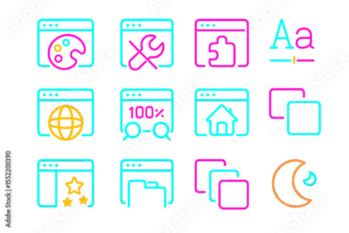 Neon icons displaying web tools and symbols in bright colors