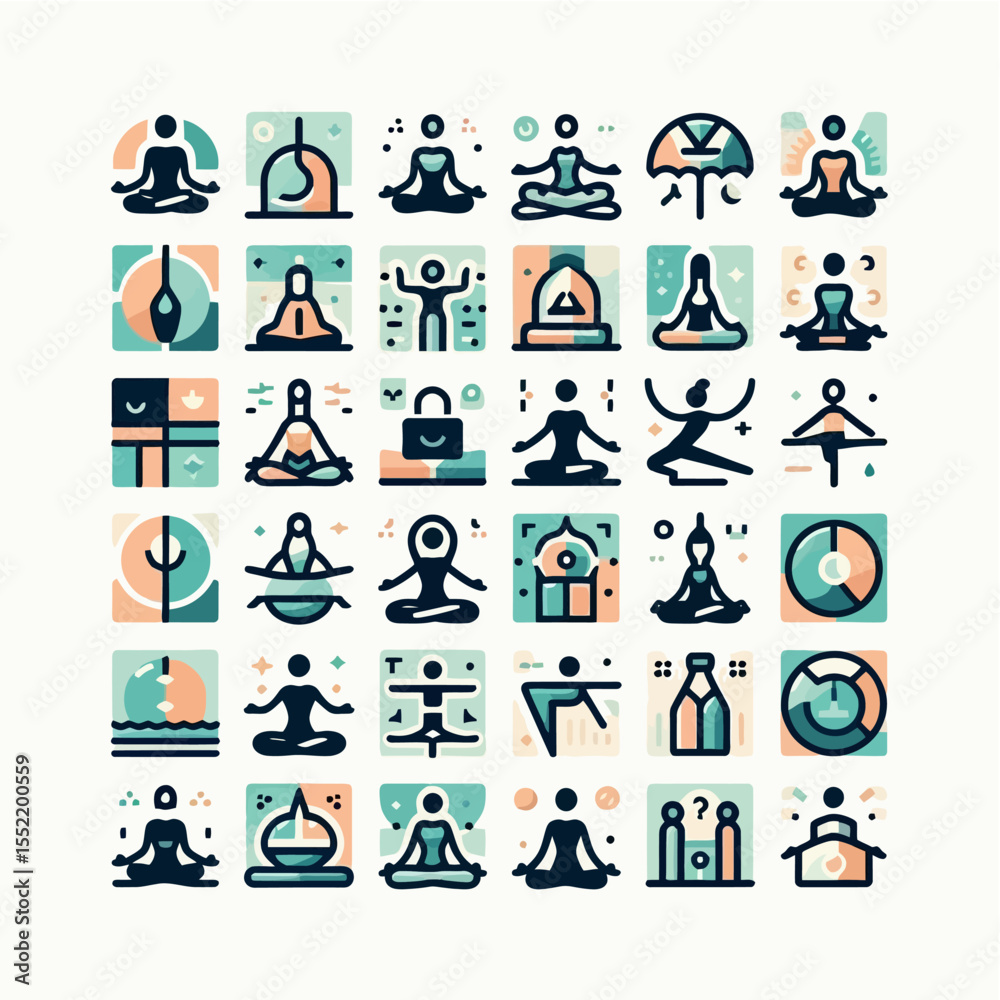Fototapeta premium Set of Yoga Pose Icons in Minimal Vector Style