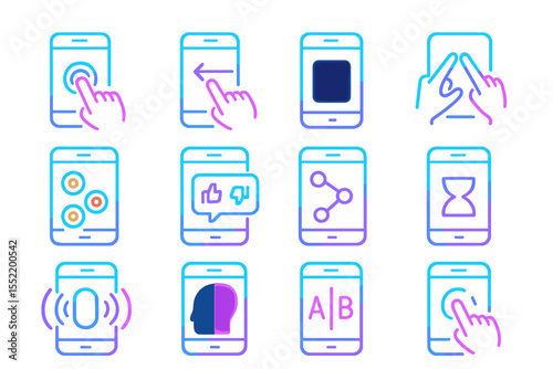 Neon icons illustrating various smartphone gestures and interactions