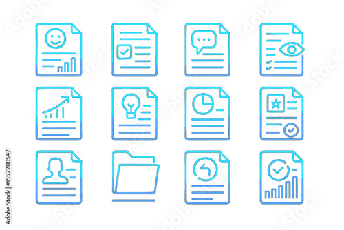 Glowing neon document icons on dark background display various data concepts