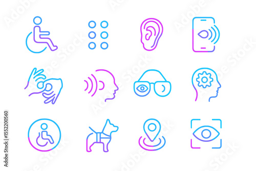 Neon accessibility icons: disability, hearing, vision, location, assistance