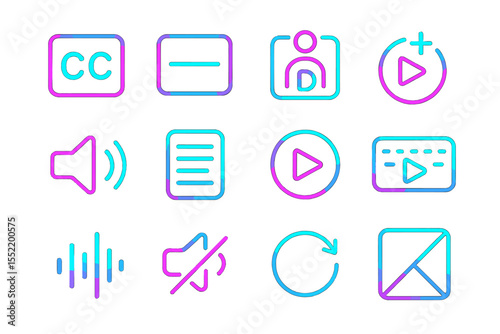 Neon glowing media icons set with play, sound, and profile symbols