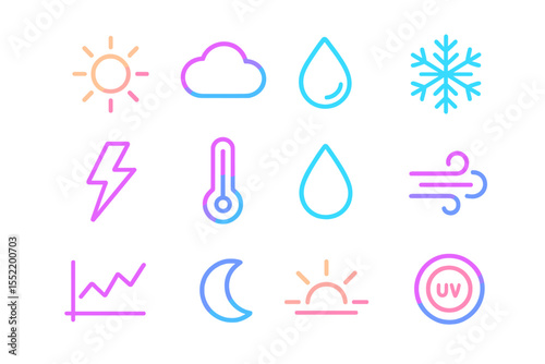 Neon weather icons: sun, cloud, rain, snow, lightning, thermometer, wind, uv