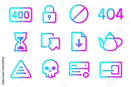 Neon icons: error codes, security, hourglass, and more in vibrant colors