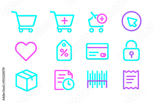 Neon shopping icons set: cart, heart, credit card, lock, package, receipt