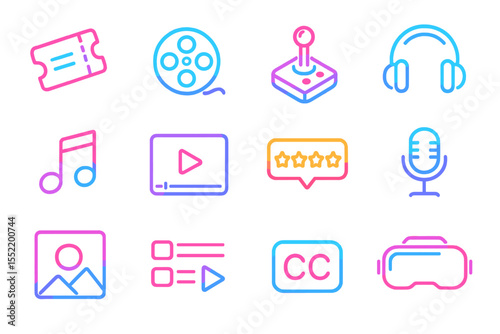 Neon icons of entertainment and media on colorful background
