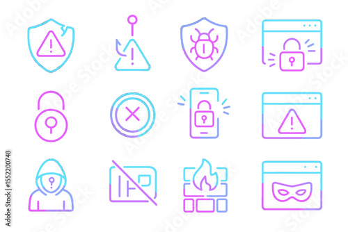 Neon cybersecurity icons: shield, lock, firewall, alert, mask, hacker