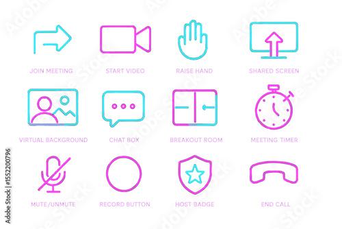 Neon virtual meeting icons: camera, hand, timer, chat, microphone, call