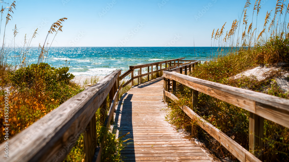 Fototapeta premium Wooden pathway leading to a beach with ocean view and surrounding beach grass and plants