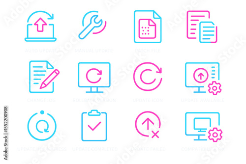 Neon icons for software updates and system maintenance