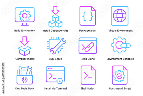 Neon icons for software development and setup in vibrant colors